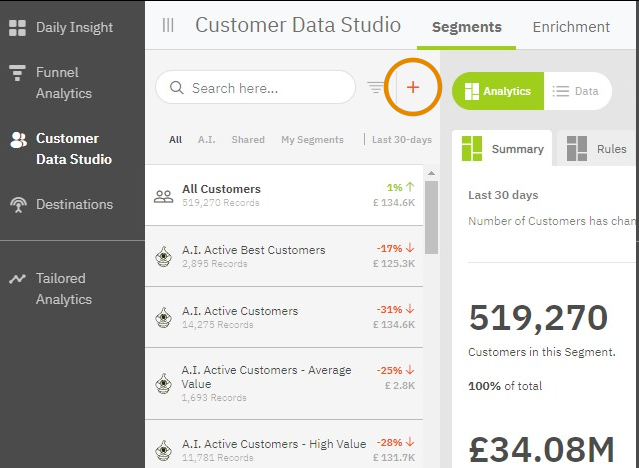 Screenshot of the Distil Customer Data Platform highlighting the plus symbol in the user interface