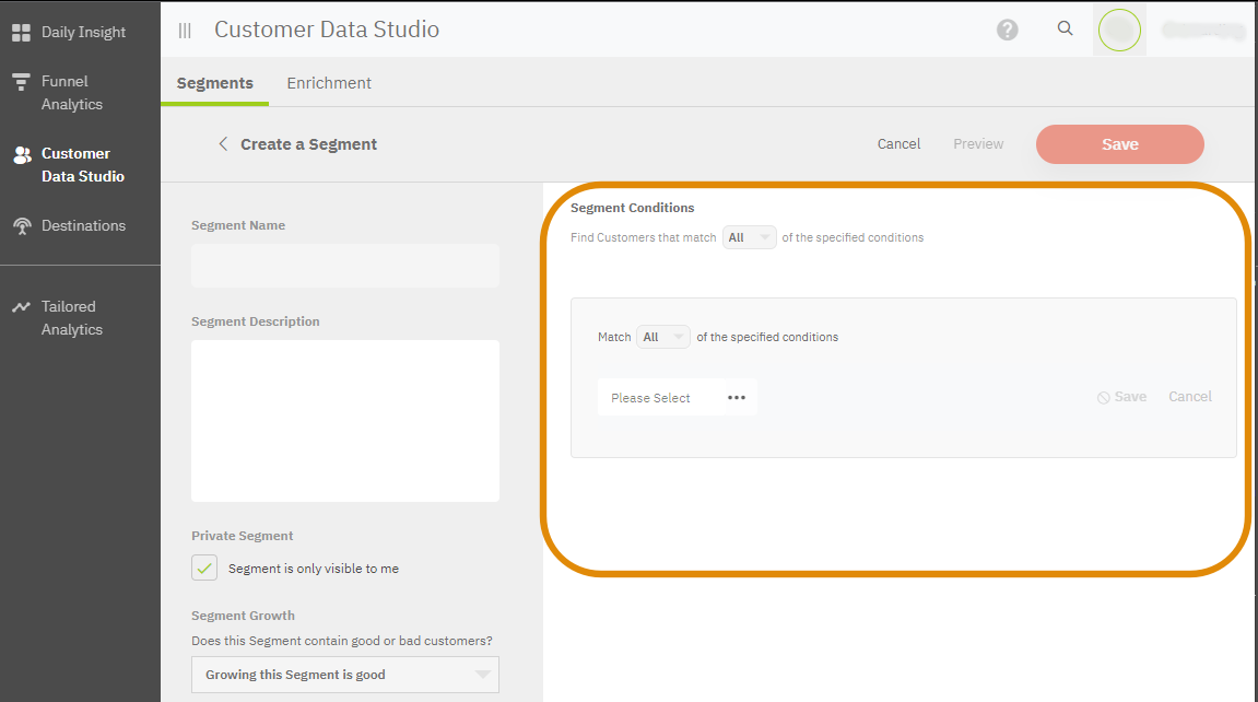 Screenshot of the Distil Customer Data Platform showing the segment conditions selection panel in the user interface